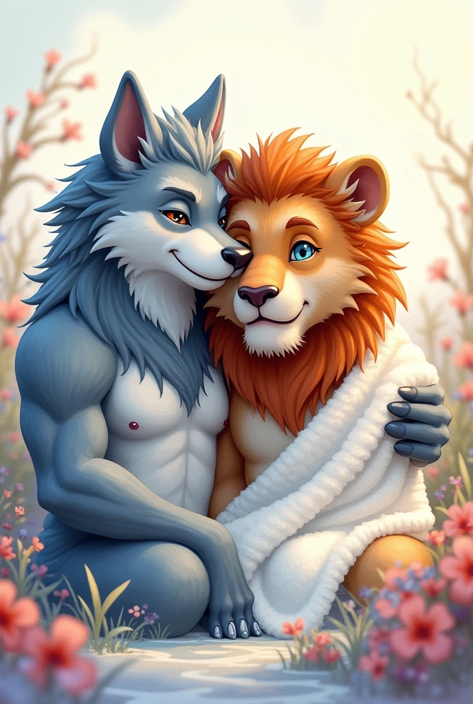 there is a man and a woman hugging each other in a field, attractive athletic bodies, full of muscles, anthro art, very very beautiful furry art, commission for high res, fantasy fox love, furry fantasy art, wolf companion, furry art, furry art!!!, furry wolf, art of kenket zaush ross tran ruan jia bonifasko, fursona art, an anthro wolf, anthro paw pov art, fursona furry art commission