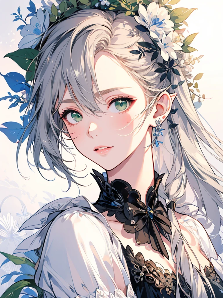 masterpiece, Highest quality, One Girl, Very detailed, Ultra-high resolution, Distinctive facial features, Anatomically correct, pretty girl, Long pointy ears, Fairy, Nice face,Gray Hair, Green Eyes,Hugging bouquet,Ink painting,