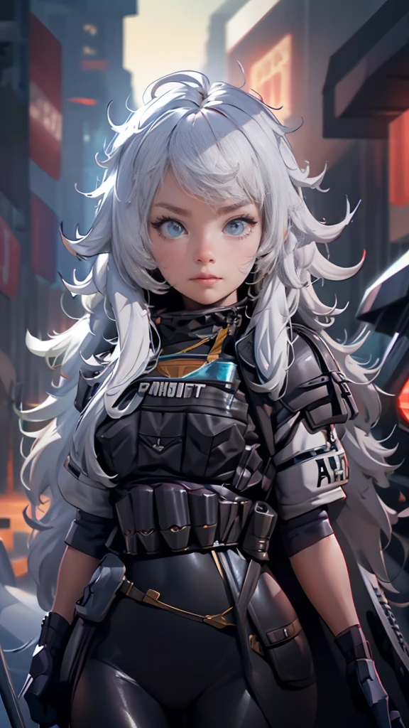 envision a 8k, highres, cinematic, full body concept art design sheet of a woman with a mature face with white hair, gray eyes, Riot Gear, Tactical accessories, black tight suit, fantasy armor, jrpg inspired armor, in dark lighting, against a dark gray background