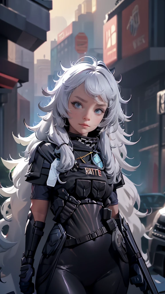 envision a 8k, highres, cinematic, full body concept art design sheet of a woman with a mature face with white hair, gray eyes, Riot Gear, Tactical accessories, black tight suit, fantasy armor, jrpg inspired armor, in dark lighting, against a dark gray background