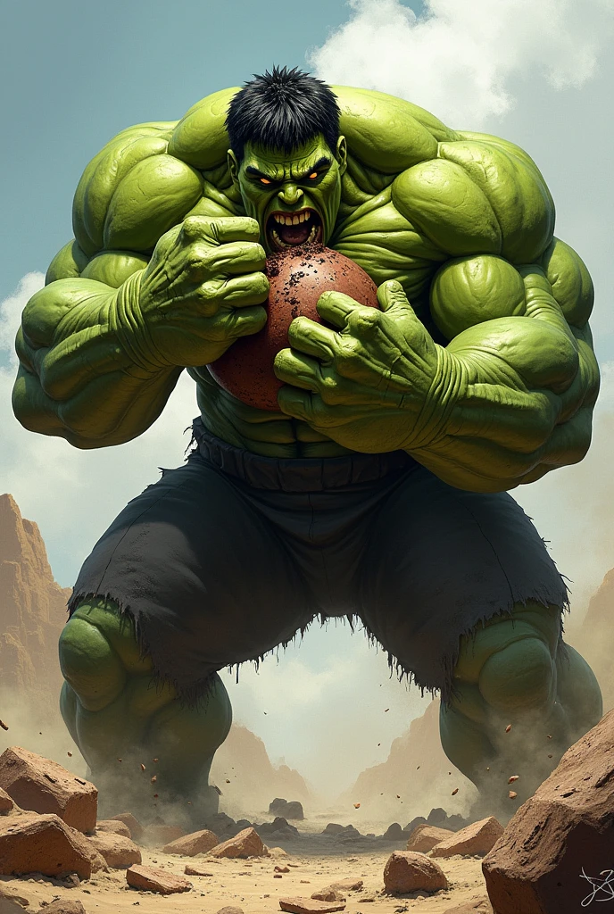 Gaint Hulk eating a gaint chocolate 