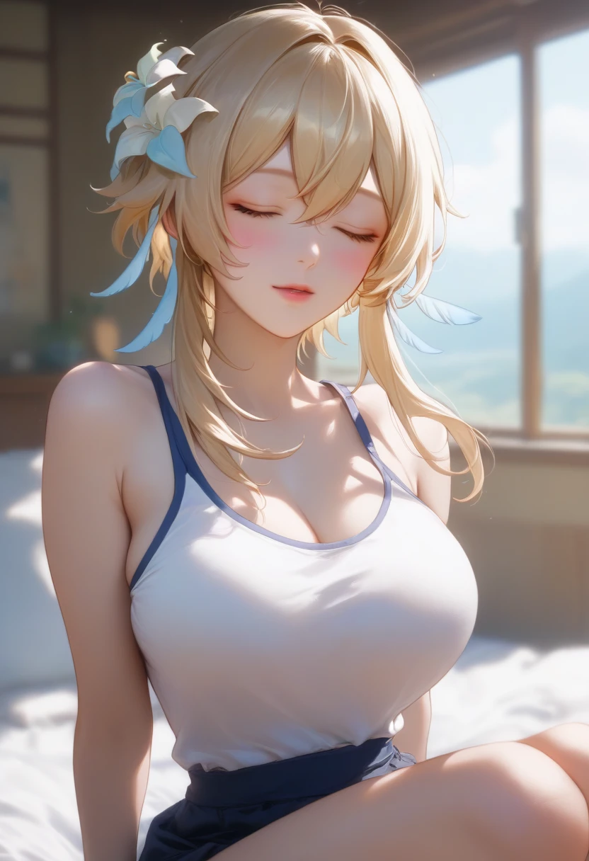 score_9, score_8_up, score_7_up, high quality ,masterpiece ,best quality ,rate_questionable ,ベッドで横になっている, ベッドで寝ている, In the bedroom,  closed eyes ,large breast ,blond hair ,Beautiful Skin, character_Lumine_Genshin Impact ,汗をかいている