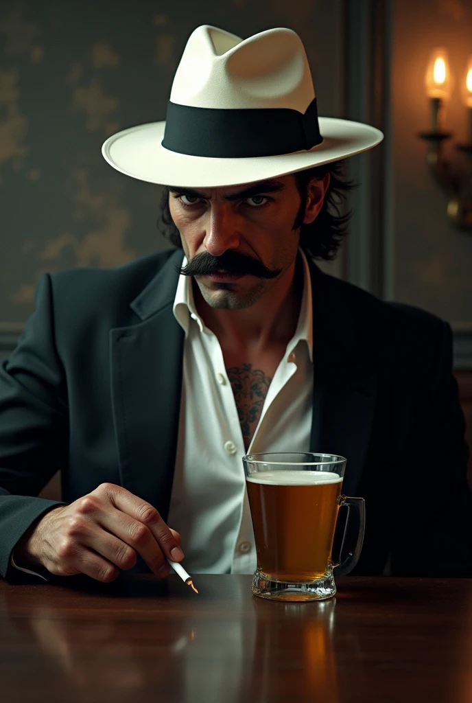 There's a mustachioed monkey in a white suit and red tie holding a beer, white suit and hat, imagem de perfil, foto do perfil, Gorjetando seu fedora, homem bonito, a suited man in a hat, com uma bebida, se segurando uma bebida