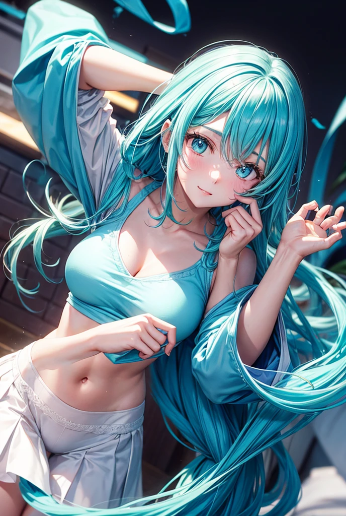 (Best Quality,High resolution,8K,finelity detailed background,Masterpiece:1.2),beautiful girl,Shiny light blue hair,messy hair,Light blue eyes,Gentle look,Smile refreshingly,Best quality,Best Quality,Aesthetic and aesthetic:1.2,Best details((Super detailed))(High-definition CG illustrations),Glamorous green underwear (green,intricate lace),Slender body,night,night景,moon,Bedroom,On the bed,smile,blush,cute,Scrounge,Looking up,Being spoiled,super model,wariza,shoot from below