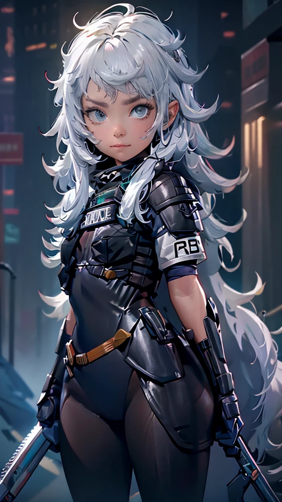 envision a 8k, highres, cinematic, full body concept art design sheet of a woman with a mature face with white hair, gray eyes, Riot Gear, Tactical accessories, black tight suit, fantasy armor, jrpg inspired armor, in dark lighting, against a dark gray background