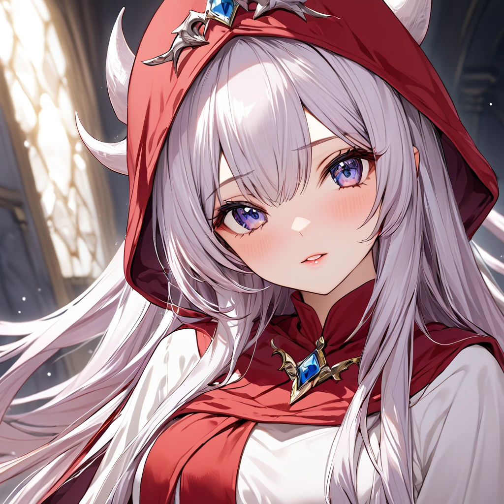 ((Highest quality)), ((masterpiece)), (detailed), （Perfect Face）、The woman is the princess of Moonbrooke and wears a white robe and a red hooded cloak.、She is a demon priestess