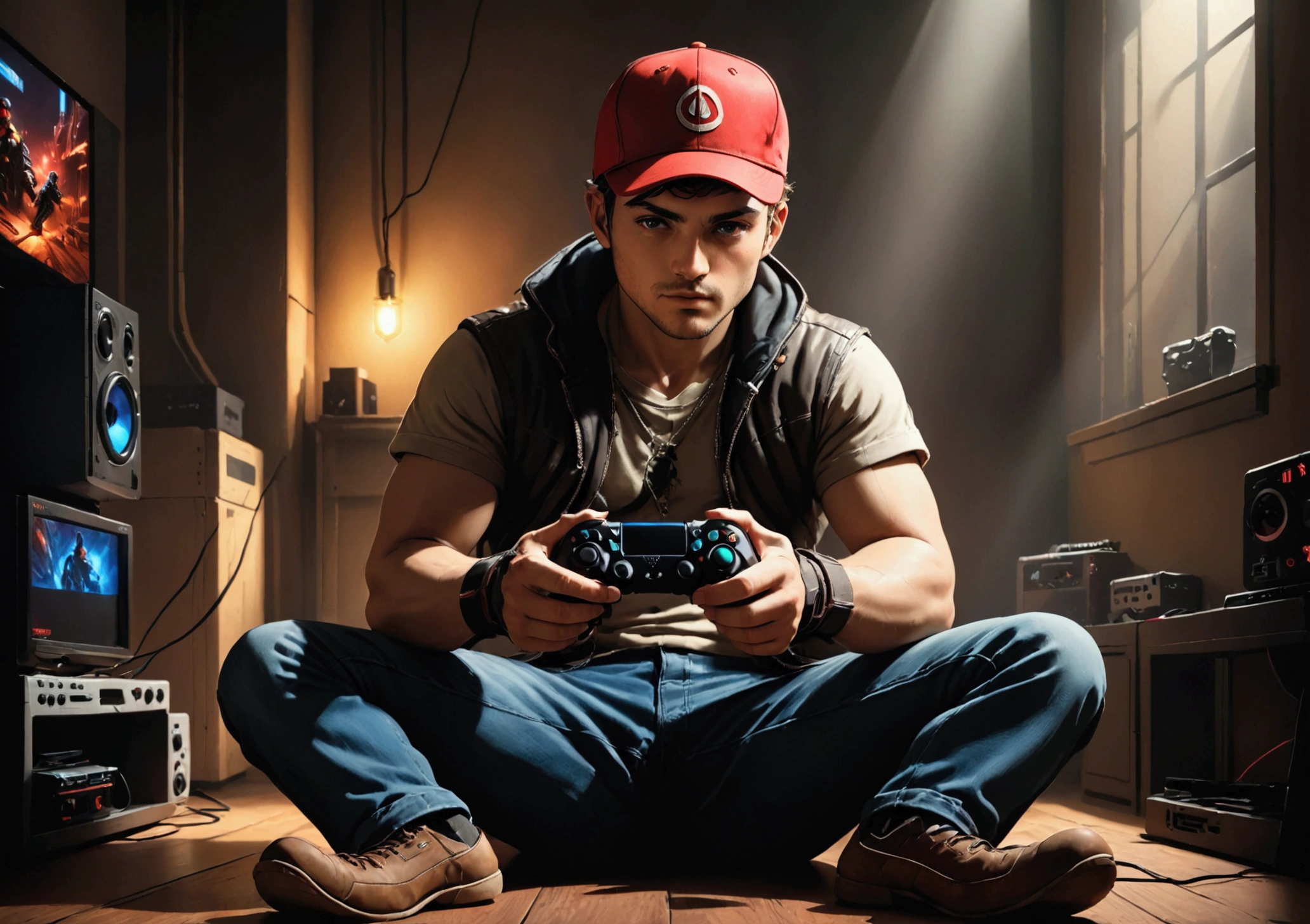 a red-cap funko  male sitting with a video game controller in hand, highly detailed, photorealistic, 8k, best quality, masterpiece, cinematic lighting, intricate details, dramatic shadows, warm color tones, volumetric lighting, ultra-realistic, hyperdetailed, cinematic composition, sharp focus, dynamic pose, realistic textures, vibrant colors, dramatic lighting, chiaroscuro, dramatic shadows, moody atmosphere, atmospheric perspective, photorealistic rendering, exquisite detail, seamless blending, flawless composition, expertly crafted, professional quality