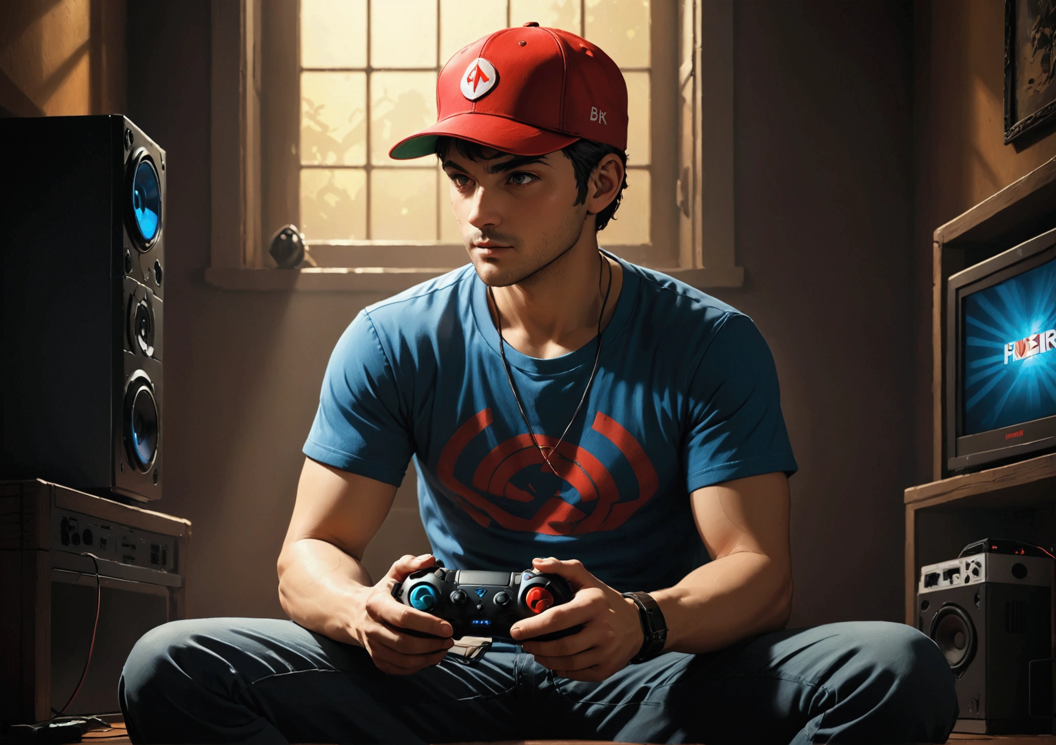 a red-cap funko  male sitting with a video game controller in hand, highly detailed, photorealistic, 8k, best quality, masterpiece, cinematic lighting, intricate details, dramatic shadows, warm color tones, volumetric lighting, ultra-realistic, hyperdetailed, cinematic composition, sharp focus, dynamic pose, realistic textures, vibrant colors, dramatic lighting, chiaroscuro, dramatic shadows, moody atmosphere, atmospheric perspective, photorealistic rendering, exquisite detail, seamless blending, flawless composition, expertly crafted, professional quality