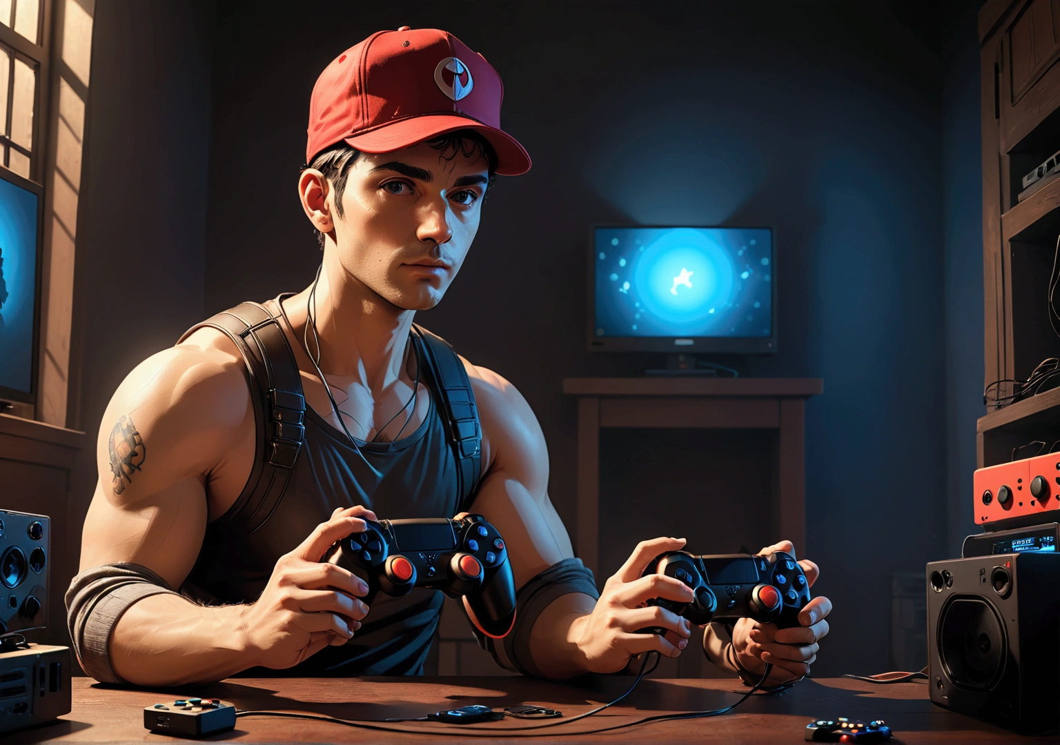 a red-cap funko  male sitting with a video game controller in hand, highly detailed, photorealistic, 8k, best quality, masterpiece, cinematic lighting, intricate details, dramatic shadows, warm color tones, volumetric lighting, ultra-realistic, hyperdetailed, cinematic composition, sharp focus, dynamic pose, realistic textures, vibrant colors, dramatic lighting, chiaroscuro, dramatic shadows, moody atmosphere, atmospheric perspective, photorealistic rendering, exquisite detail, seamless blending, flawless composition, expertly crafted, professional quality