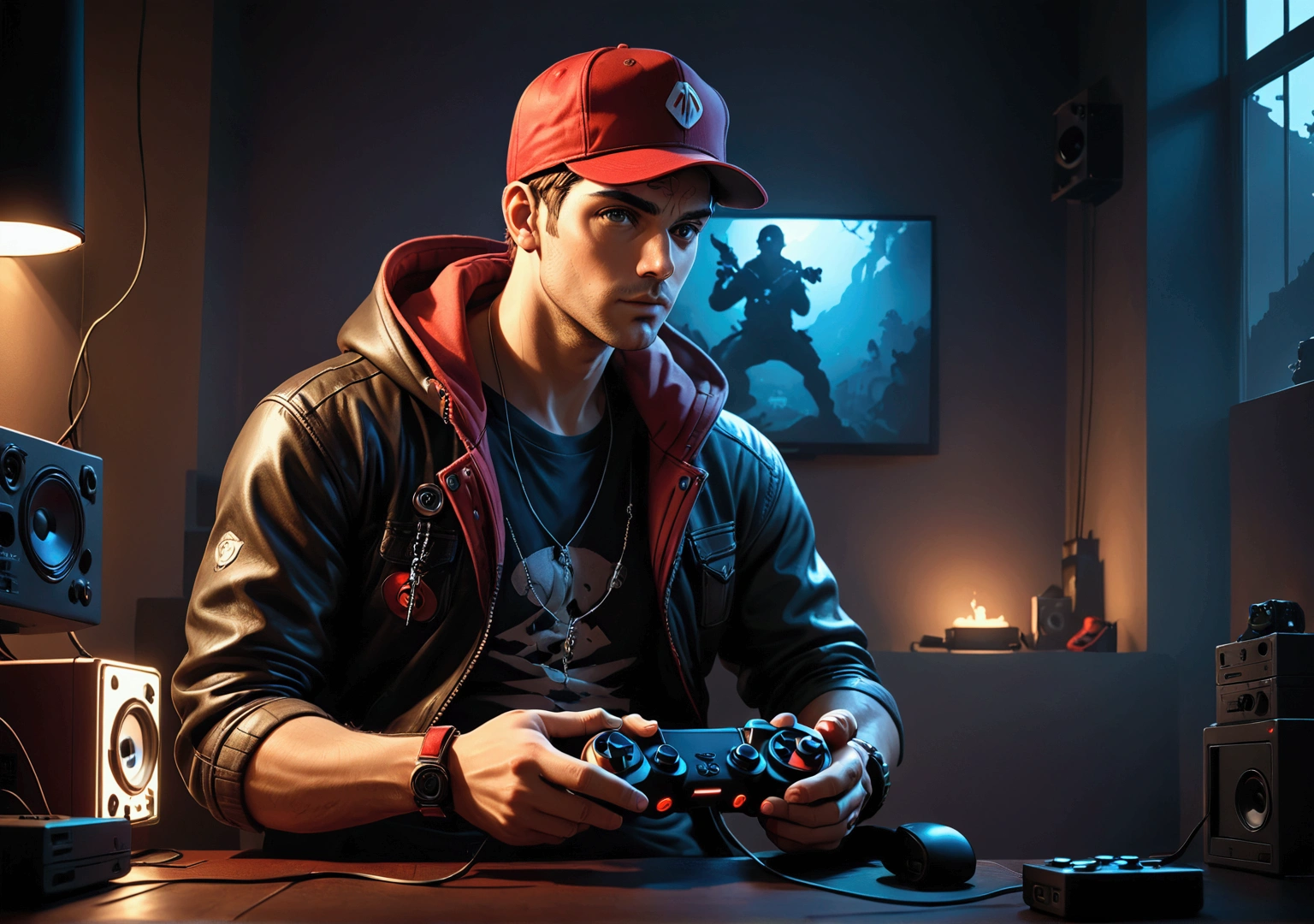 a red-cap funko  male sitting with a video game controller in hand, highly detailed, photorealistic, 8k, best quality, masterpiece, cinematic lighting, intricate details, dramatic shadows, warm color tones, volumetric lighting, ultra-realistic, hyperdetailed, cinematic composition, sharp focus, dynamic pose, realistic textures, vibrant colors, dramatic lighting, chiaroscuro, dramatic shadows, moody atmosphere, atmospheric perspective, photorealistic rendering, exquisite detail, seamless blending, flawless composition, expertly crafted, professional quality