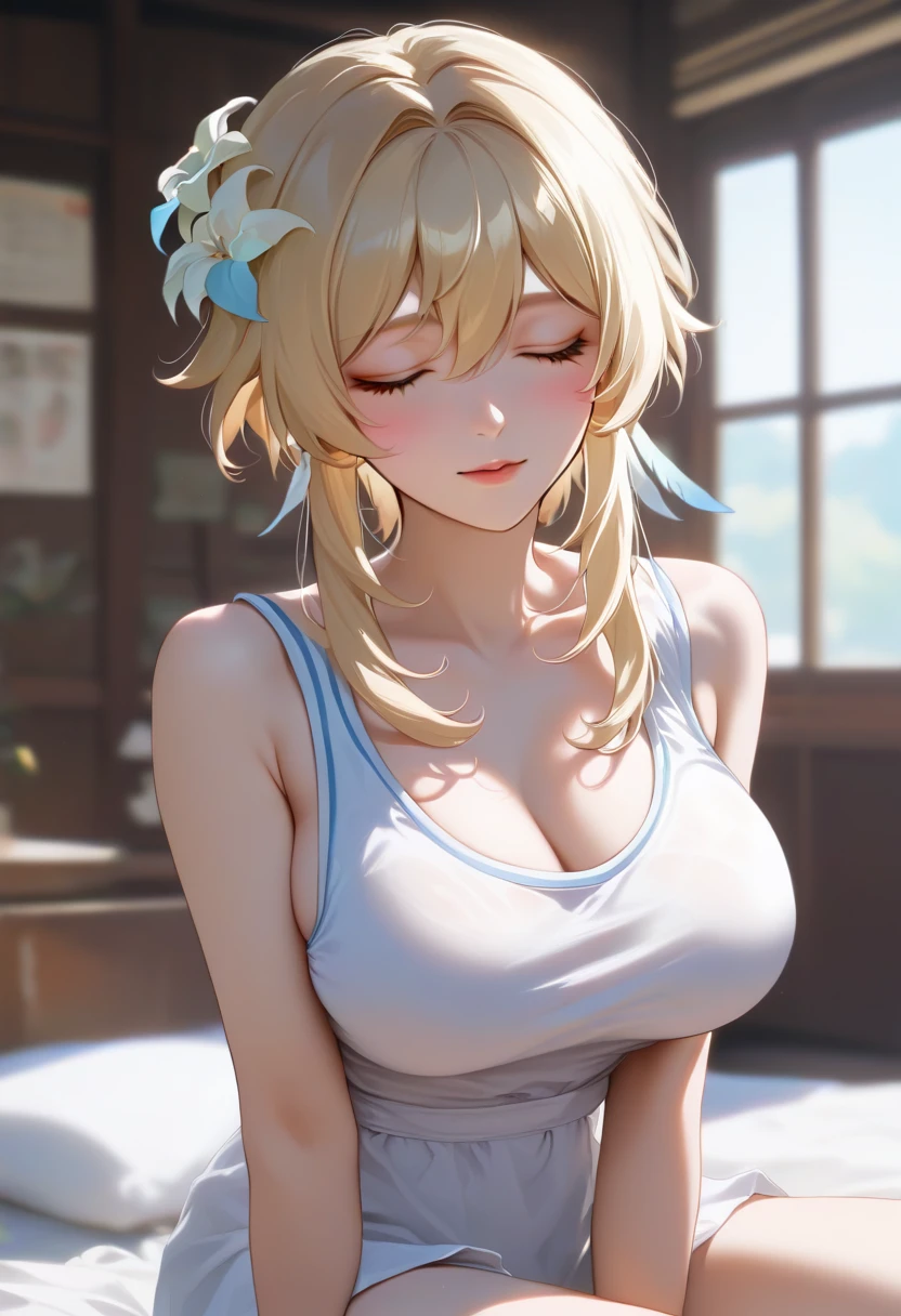 score_9, score_8_up, score_7_up, high quality ,masterpiece ,best quality ,rate_questionable ,ベッドで横になっている, ベッドで寝ている, In the bedroom,  closed eyes ,large breast ,blond hair ,Beautiful Skin, character_Lumine_Genshin Impact ,汗をかいている