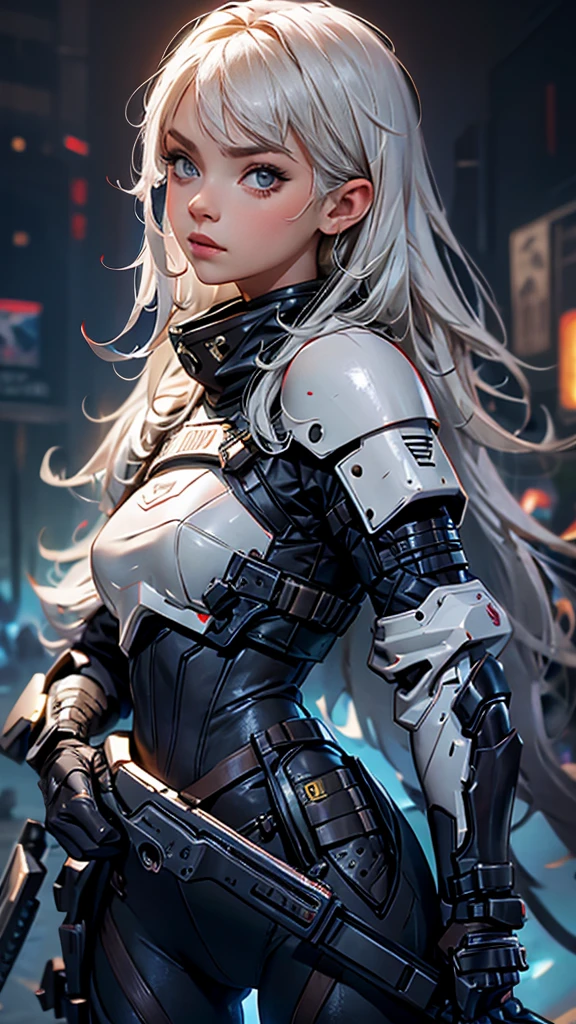 envision a 8k, highres, cinematic, full body concept art design sheet of a woman with a mature face with white hair, gray eyes, Riot Gear, Tactical accessories, black tight suit, fantasy armor, jrpg inspired armor, in dark lighting, against a dark gray background