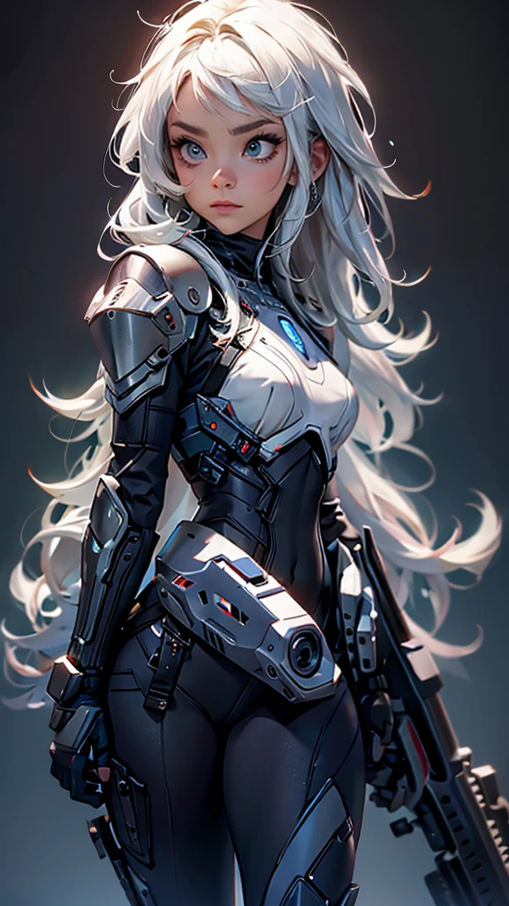 envision a 8k, highres, cinematic, full body concept art design sheet of a woman with a mature face with white hair, gray eyes, Riot Gear, Tactical accessories, black tight suit, fantasy armor, jrpg inspired armor, in dark lighting, against a dark gray background