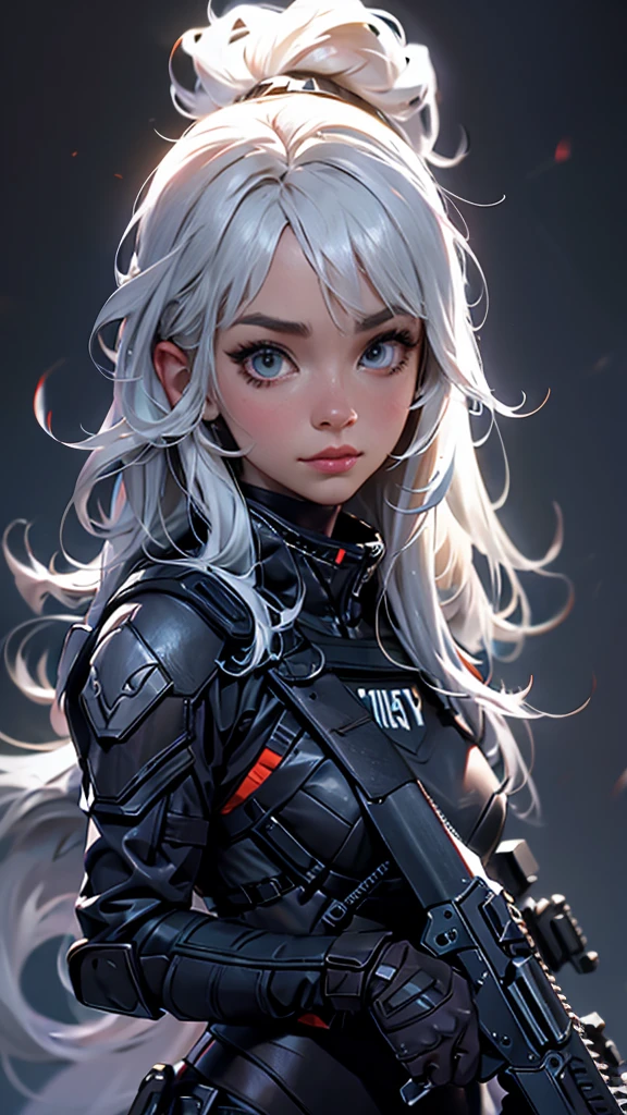 envision a 8k, highres, cinematic, full body concept art design sheet of a woman with a mature face with white hair, gray eyes, Riot Gear, Tactical accessories, black tight suit, fantasy armor, jrpg inspired armor, in dark lighting, against a dark gray background