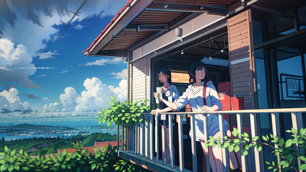 A girl stands on the balcony，Holding a cup of coffee, CG Society 9, Just relax, Alena Ahenemi (alena aenami) 和 Artgerm, Shinkai Seiwa Artgerm, lofi girl aesthetics, Anime landscape, Shinkai Seiwa (Add the secret), Lofi aesthetics, Anime landscape, anime nature, roof background, Anime wallpapers