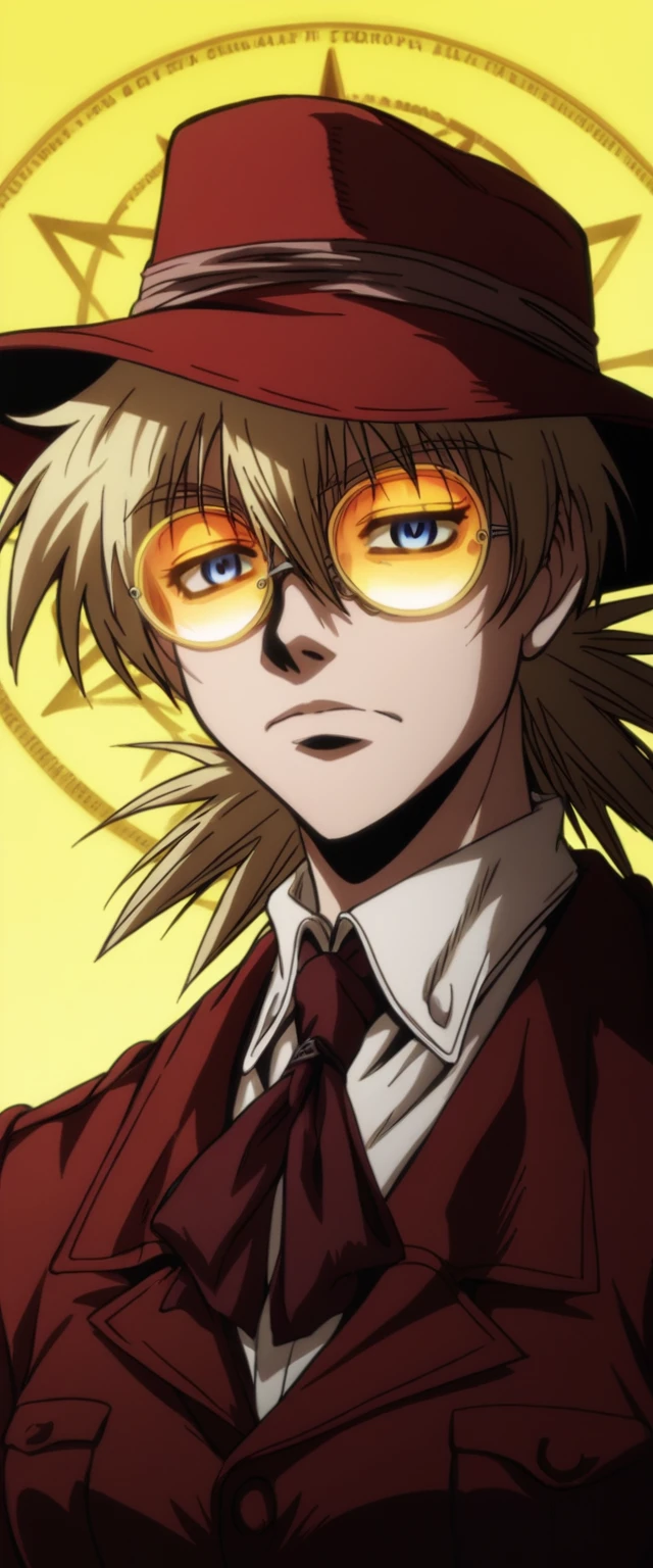 score_9, score_8_up, score_7_up, score_6_up, score_5_up, score_4_up, source_anime, BREAK
hellsing_ultimate_style,, solo,1girl,portrait,red fedora,yellow circle glasses,reflection glasses,
 TanyaDegurechaff,