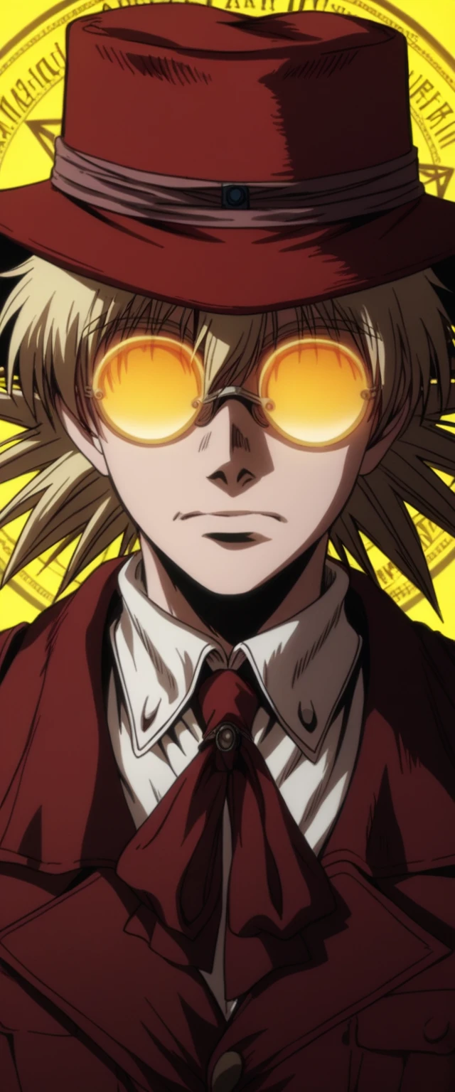 score_9, score_8_up, score_7_up, score_6_up, score_5_up, score_4_up, source_anime, BREAK
hellsing_ultimate_style,, solo,1girl,portrait,red fedora,yellow circle glasses,reflection glasses,
 TanyaDegurechaff,