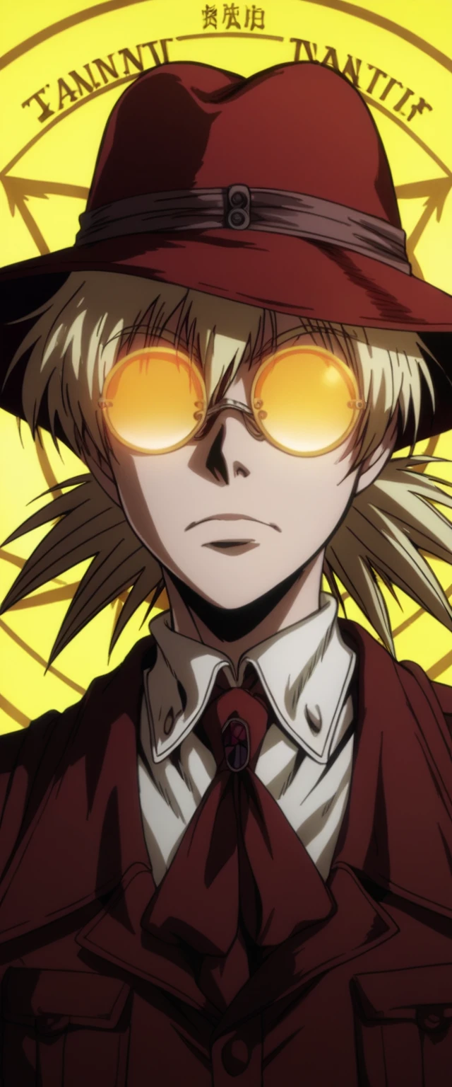 score_9, score_8_up, score_7_up, score_6_up, score_5_up, score_4_up, source_anime, BREAK
hellsing_ultimate_style,, solo,1girl,portrait,red fedora,yellow circle glasses,reflection glasses,
 TanyaDegurechaff,