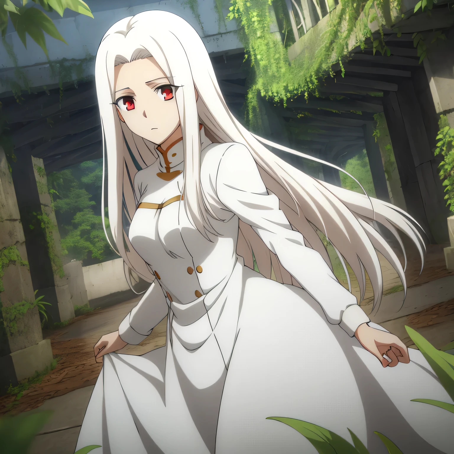 Irisviel,Irisviel wearing silky dress white,middle size of breast,,tall breasts,,in beautiful jungle,irisviel,,Shining in irisviel breasts,Mikasa kissing irisviel mouth,Mikasa ackrman,mikasa black hair,mikasa short hair,mikasa wreanig military suits, mikasa female,attack on titan,Mikasa ackrman lora