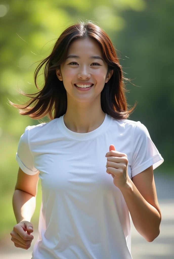 best quality, high resolution, ultra-detailed, 15-year-old girl, Chinese girl, teenager, sport shorts, running, sweating, jogging, garden, morning, realistic lighting, vibrant colors, fresh air, energetic atmosphere, dynamic movement, sunlight filtering through the trees, dewdrops on the grass, natural surroundings
