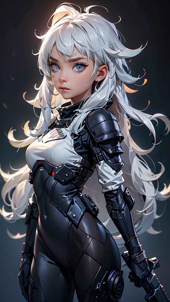 envision a 8k, highres, cinematic, full body concept art design sheet of a woman with a mature face with white hair, gray eyes, Riot Gear, Tactical accessories, black tight suit, fantasy armor, jrpg inspired armor, in dark lighting, against a dark gray background