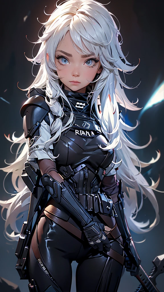 envision a 8k, highres, cinematic, full body concept art design sheet of a woman with a mature face with white hair, gray eyes, Riot Gear, Tactical accessories, black tight suit, fantasy armor, jrpg inspired armor, in dark lighting, against a dark gray background