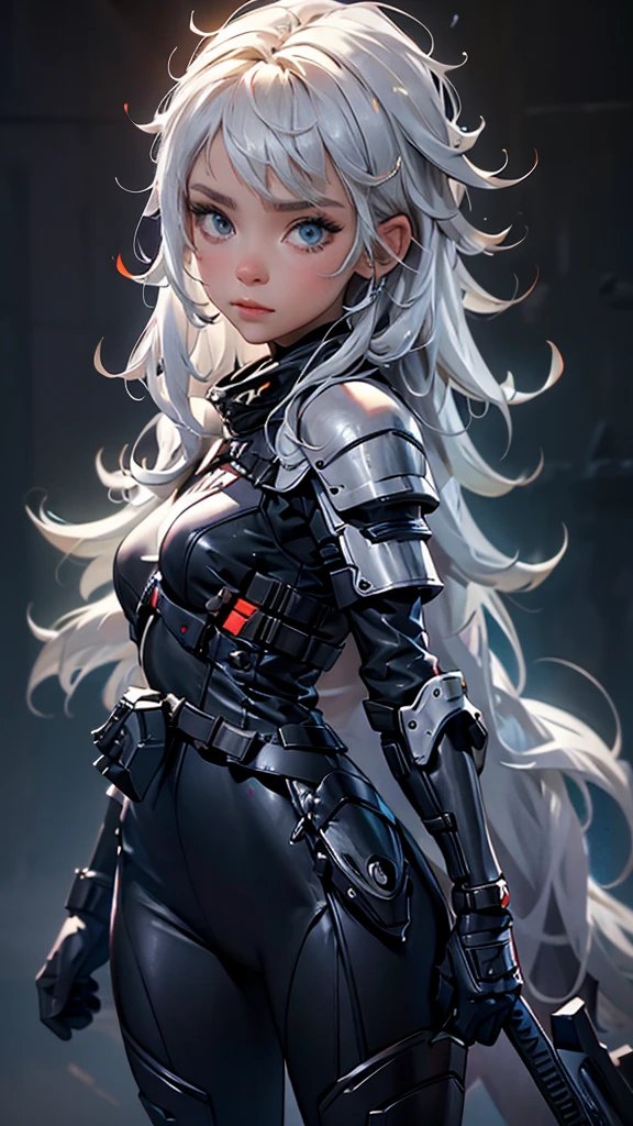 envision a 8k, highres, cinematic, full body concept art design sheet of a woman with a mature face with white hair, gray eyes, Riot Gear, Tactical accessories, black tight suit, fantasy armor, jrpg inspired armor, in dark lighting, against a dark gray background