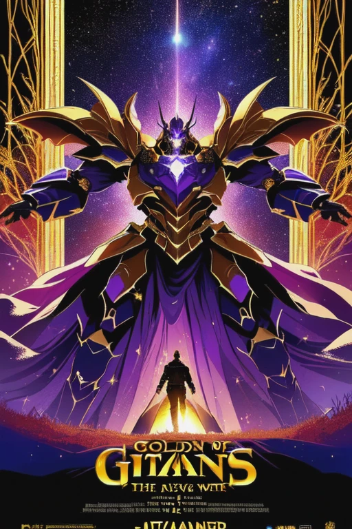 (movie poster), A man in golden purple armor flies in the sky, and landed on a giant titan with golden patterns, around there is a forest and you can see the rounding of the earth and the green forest, the camera focuses on the man in purple armor. name: titans of the gods.
(Perfect color combination),