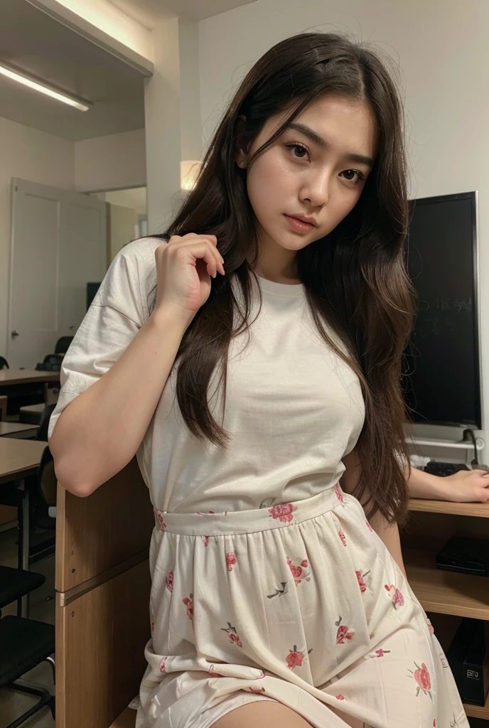 1girl, Solo, Best quality, Cute Japan woman pictures, 13 years old, Cute Japan girl, Children,(on the bed)(sleeping)(sleeping on the bed), youthful face, Braids, Black hair, Big, T-shirt, Mini pleated skirt, Little visible cleavage, Best smile, Girls' room, Brown eyes, Camera orientation, Happy look, Playful pose, Charm, casual clothes, plush toys, posters on the walls, sunny rooms, cozy spaces, soft makeup, full body shots, vibrant colors, cozy atmosphere, radiant smile, cheerful atmosphere, modern interior, carefree childhood