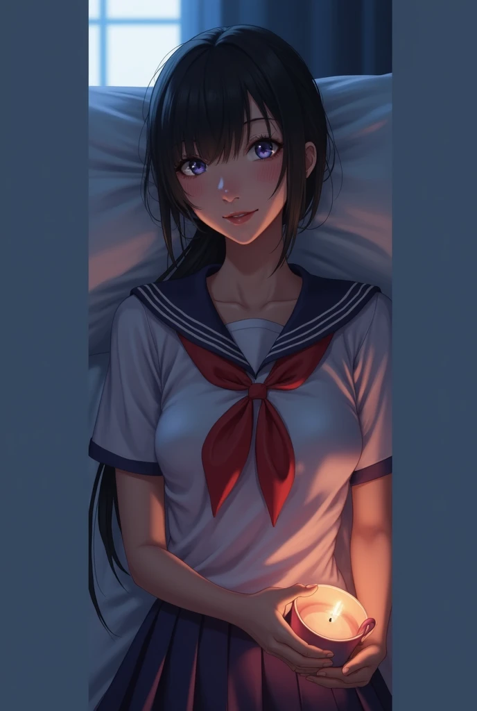 (32K:1.9, Realistic:1.9, Highest quality, masterpiece, Ultra-high resolution), Perfect dynamic composition:1.3, Highly detailed skin and facial textures:1.3, (Cute sexy slim Japanese schoolgirl, height: 155cm), ((Lying in bed:1.3, Eyes closed and waiting for a kiss:1.4)), Fair skin, ((Clarity:1.1)), (The woman is wearing a uniform with a light blue bow tie., Ponytailed black hair:1.3, smile:0.9, A man completely charms a woman:0.9, beautiful Blue Eyes, beautiful, Clear Eyes:0.8), Sexy Face:0.4, blush:1.1, ((beautifulエロティシズムを醸し出す雰囲気:1.0, Professional random camera work:1.0, Cinematic Lighting Effects:1.0, romantic:1.0, artistic:1.0, mysterious:1.0)), Too erotic, Object of admiration, original, dramatic, Innovative, charm, Heartful, Fancy, Tilt, sense of loss, special, exciting, Extreme, sense of openness, joy, joyの表現, ((若さのcharm, 女性的なcharm))