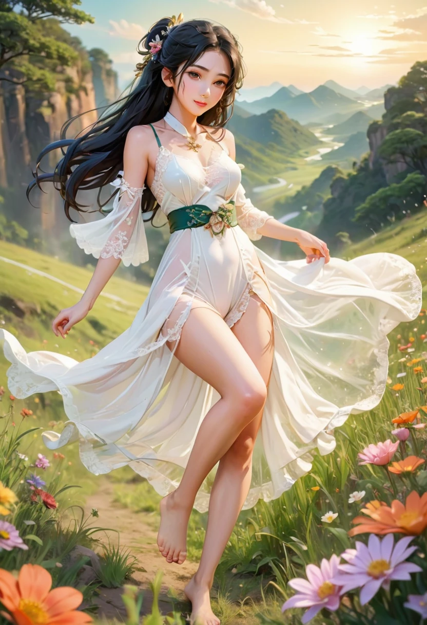 (masterpiece、Highest quality、8k、High resolution)、1 female、Beautiful eyes with slit length、Cute lips、Beautiful Nose、Brownish black hair、smile、(Best anime girl)、Green grassland with forest view、Walking,((Barefoot, off the ground, flying high, high, high, flying and running)),Fantasy art,Colorful flowers blooming in the field,A bright night with the stars clearly visible、milky way、(Mysterious light particles from the whole body、Colorful light particles)、jewelry、necklace、White lace dress、(Beautiful full body style)、Highly detailed anime art、Fantasy art,