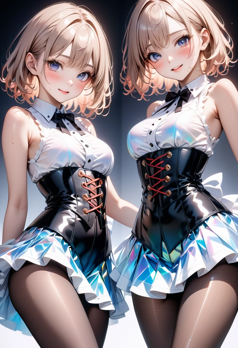 Masterpiece: 1.6, best quality: 1.4, live image: 1.2, intricate details: 1.2, charturnerv2: 1.2, 1lady full body character change, Appearance: young: 1.25, thin: 1.3, blue eyes, thick eyelashes,medium breasts, detailed eyes, quality eyes, Clothing: adapted costume, swimsuit:1.3 Accessories: red bow, red ribbon, Hair: blonde hair, short hair, semi curly hair, natural, shiny skin, (single background, white background:1.8), transparent Background, multiple views, multiple views of the same character in the same outfit: 1.3., character sheet: 1.2, multiple facial expressions: 1.3, seductive smile, sexy, shaded face, white legwear, white thighhighs, blush, nose blush:1.2