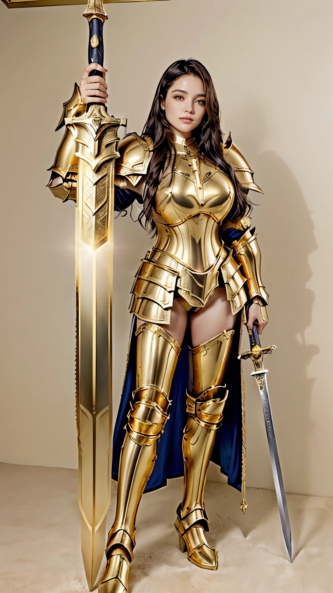 A woman in a gold armor holding a sword and a sword - SeaArt AI