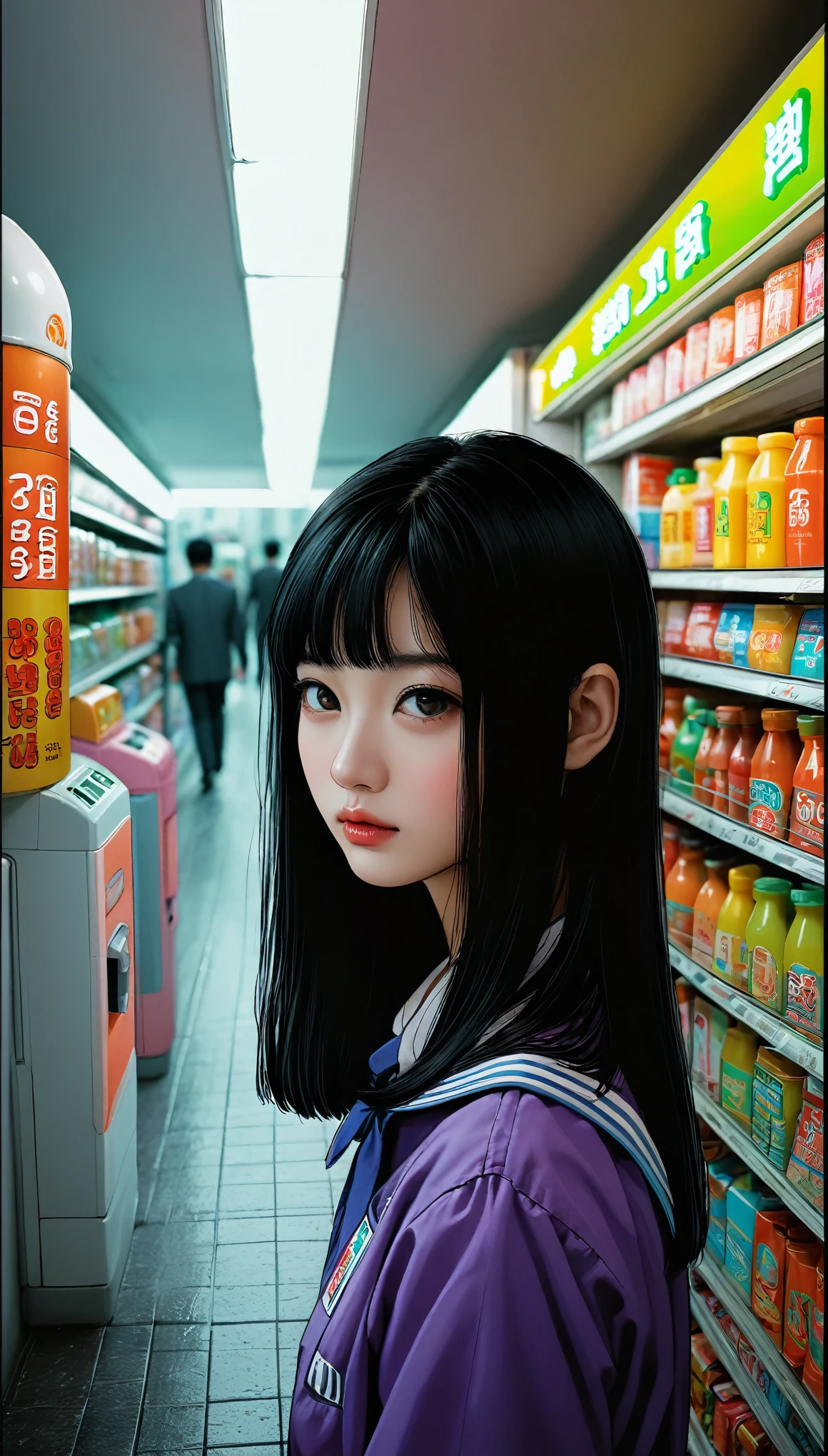 An illustration、art、80s Thai horror movie poster, Supervised by Junji Ito、(convenience store店員の制服:1.0)、convenience store、Attention to detail, Realistic Shadows、Analog Style, chromatic aberration, Surrealism、Complementary Gradient