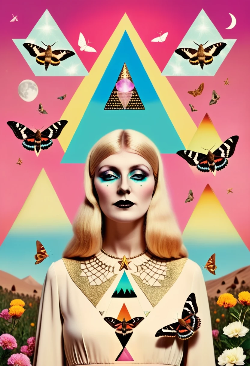 a colorful moth witch with moths around her,Arabella Rankin, otherworldly, an album cover, aestheticism, moon and triangle background, Christian W. Staudinger, surreal photography