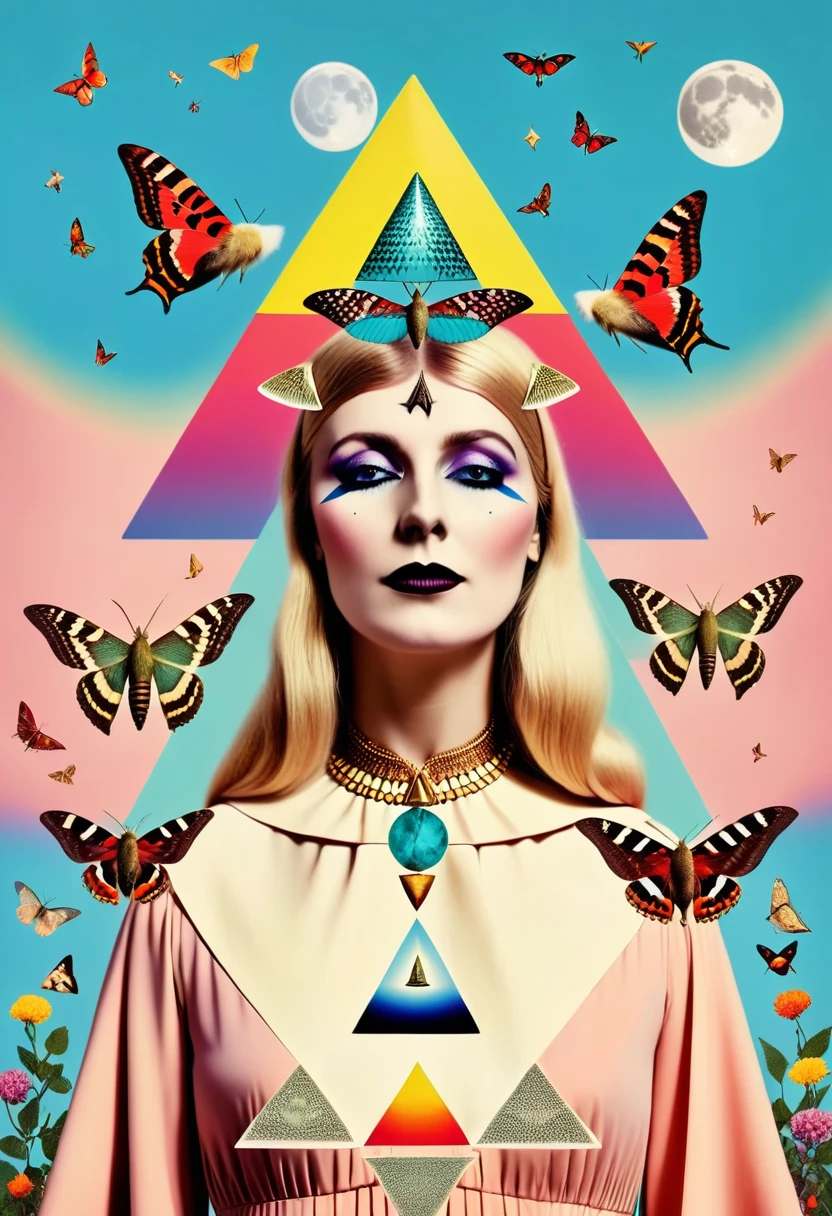 a colorful moth witch with moths around her,Arabella Rankin, otherworldly, an album cover, aestheticism, moon and triangle background, Christian W. Staudinger, surreal photography