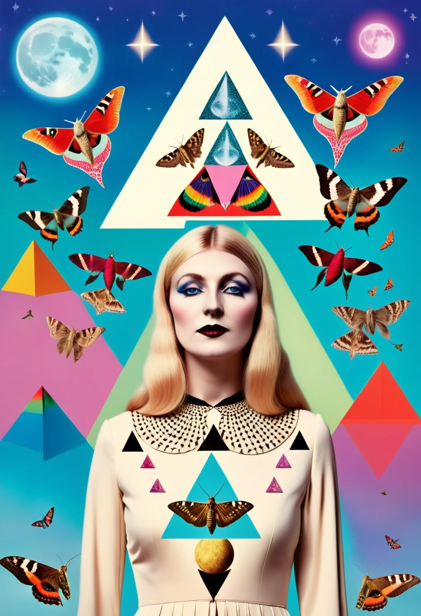 a colorful moth witch with moths around her,Arabella Rankin, otherworldly, an album cover, aestheticism, moon and triangle background, Christian W. Staudinger, surreal photography