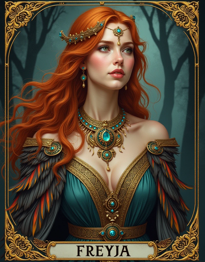 Illustration of the Norse goddess Freyja in her cloak of falcon feathers, wearing an elaborate Viking necklace of gold and jewels. Tarot card style.