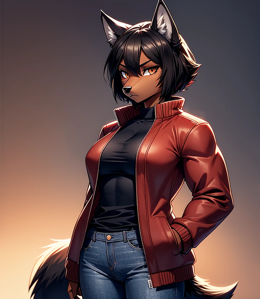 By r-mk, ((Wolf)) (woman) ((brown skin)) standing straight, red cotton jacket, jeans, black hair, [[serious face]], female eyes, tall woman (furry), ((muscles)), 30 years old, [medium size breast], ((cotton jacket)), [[short hair]], detailed face, good anatomy, simple background, ondulated hair, [wolf snout], solo, [face close up], short wolf tail, 2d, 1girl, [short jacket], high resolution