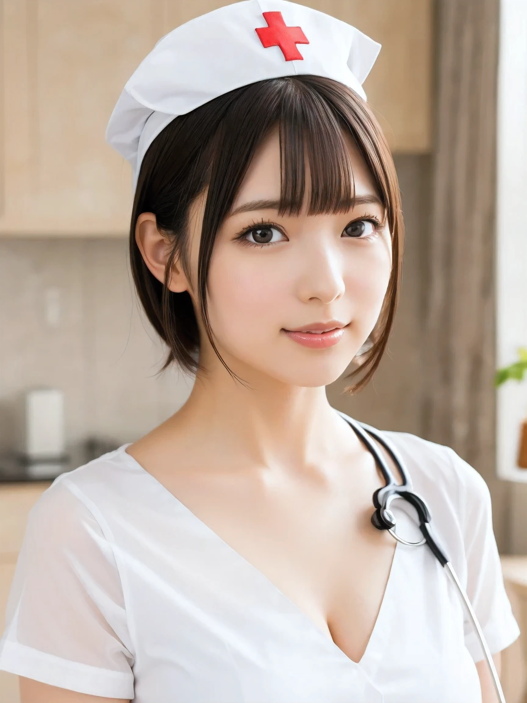 1. Pure Woman,(Wearing white nurse clothes:1.2),(RAW Photos, Highest quality), (Realistic, photo-Realistic:1.4), masterpiece, Two very delicate and beautiful women, Very detailed, Great Skin, Detailed face, Cool smile、Clean look、 Sparkling eyes, double eyelid, Ample breasts、High resolution, Soft Light, Beautiful detailed girl, Very detailed eyes and face, Beautiful and sophisticated nose, nurse, Perfect Anatomy, Black Hair, Upstyle, nurse uniform, ((nurse cap)), hospital, clear, White Uniform, hospital room, ((High resolution)),  short hair, bangs,Face Focus、