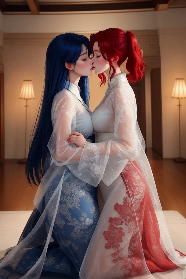 (masterpiece:1.4, Highest quality), (Intricate details), unity 8k wallpaper, Super detailed, beautifully、aesthetic, Perfect lighting,3girl,Random Hair、（Red hair、Black Hair、Blue Hair:1.5）,Stylish dresses,See-through sexy,Squeezing the udder,Sweat,Seductive Pose,Having fun with the girls,to kiss