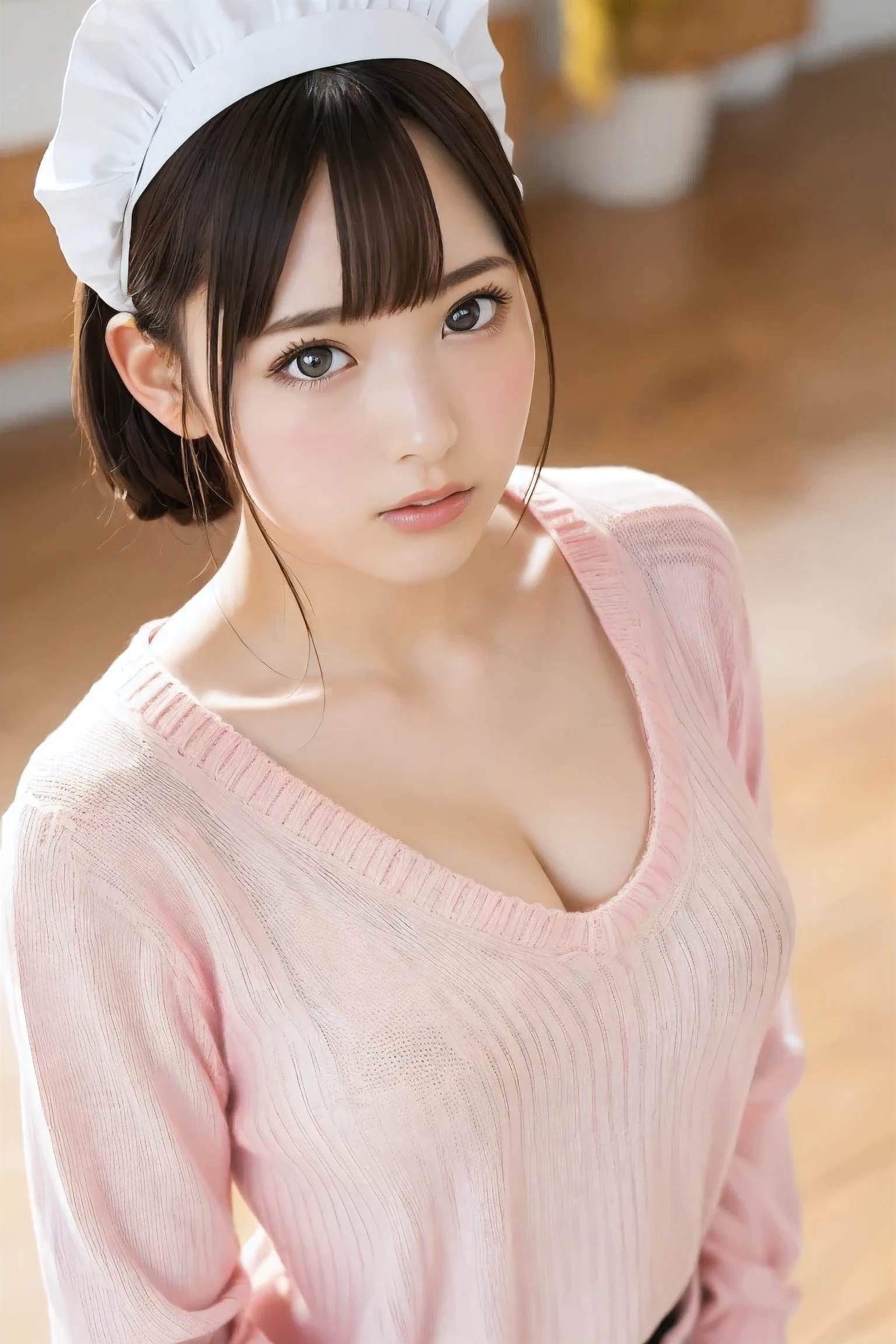 (8k, RAW Photos,Highest quality, High resolution:1.1), (ultra-realistic:1.4),(Realistic, Realistic:1.3),The Beauty of Japan、Rhythmic gymnastics club、Rhythmic Gymnastics Uniform、((Upper Body:1.3)),maid cafe、((maid:1.3)),(pink knit sweater:1.3),look up、Shooting from above、