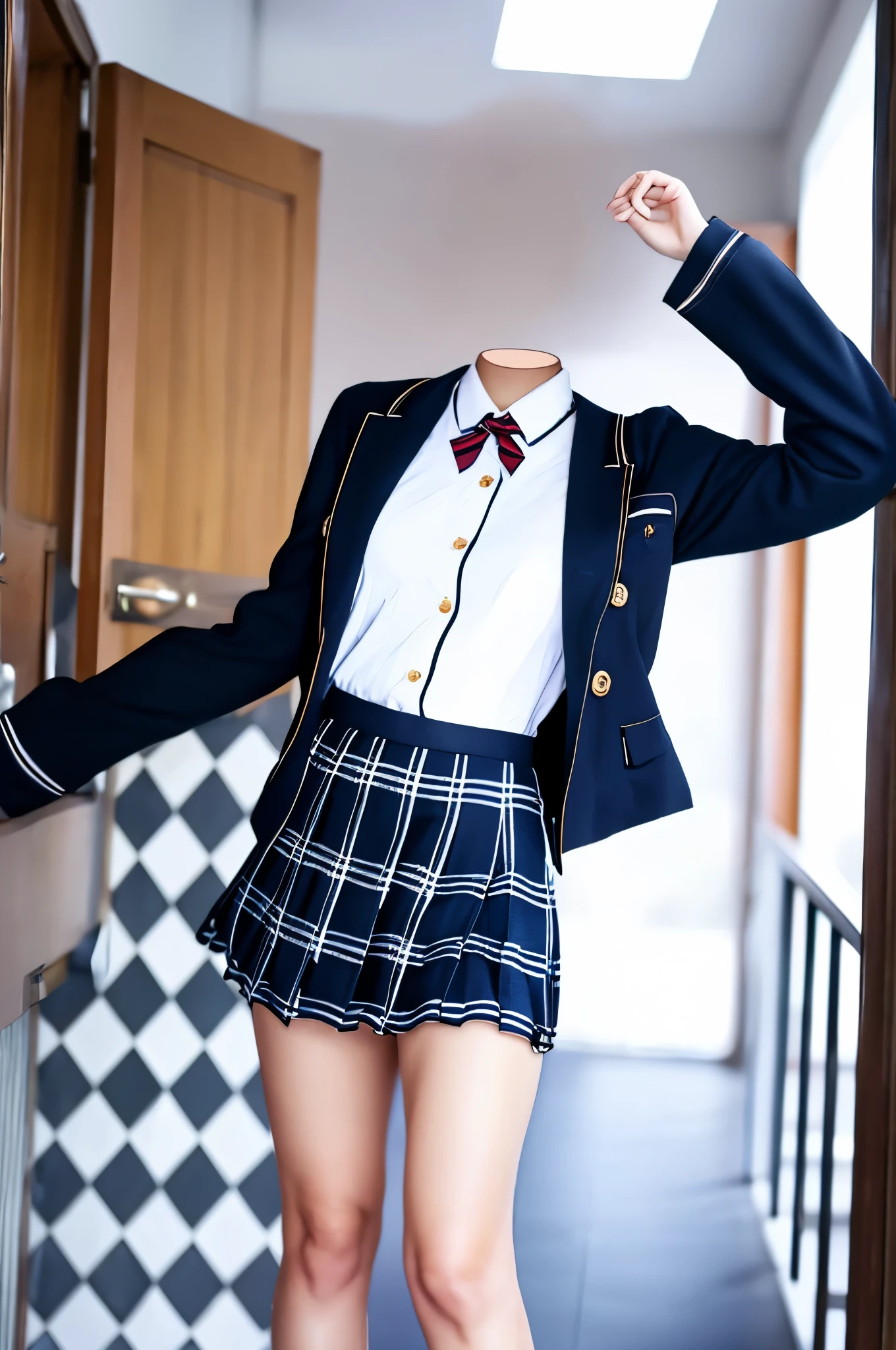 high school girl、photograph、Real、Highest quality、Remove Face、whole body、Beautiful feet、mini skirt、Black blazer、Black Loafers、Pleated skirt、Checked skirt、Navy blue short socks、school uniform、Are standing、White blouse、Putting a shirt in a skirt、School Bags