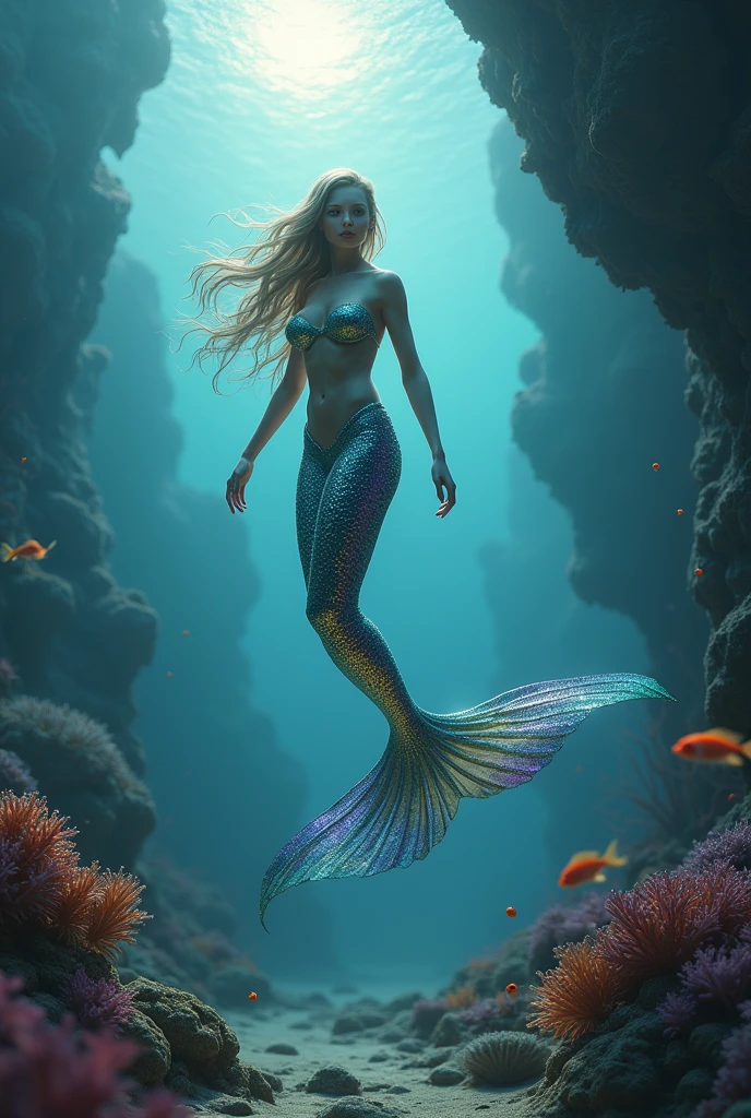 (masterpiece), best quality, ultra high res, 1girl, underwater,Beneath the sea, where tendrils of coral fish and vines abound, a (mermaid) girl stares at you, Her eyes gleam with an eerie light