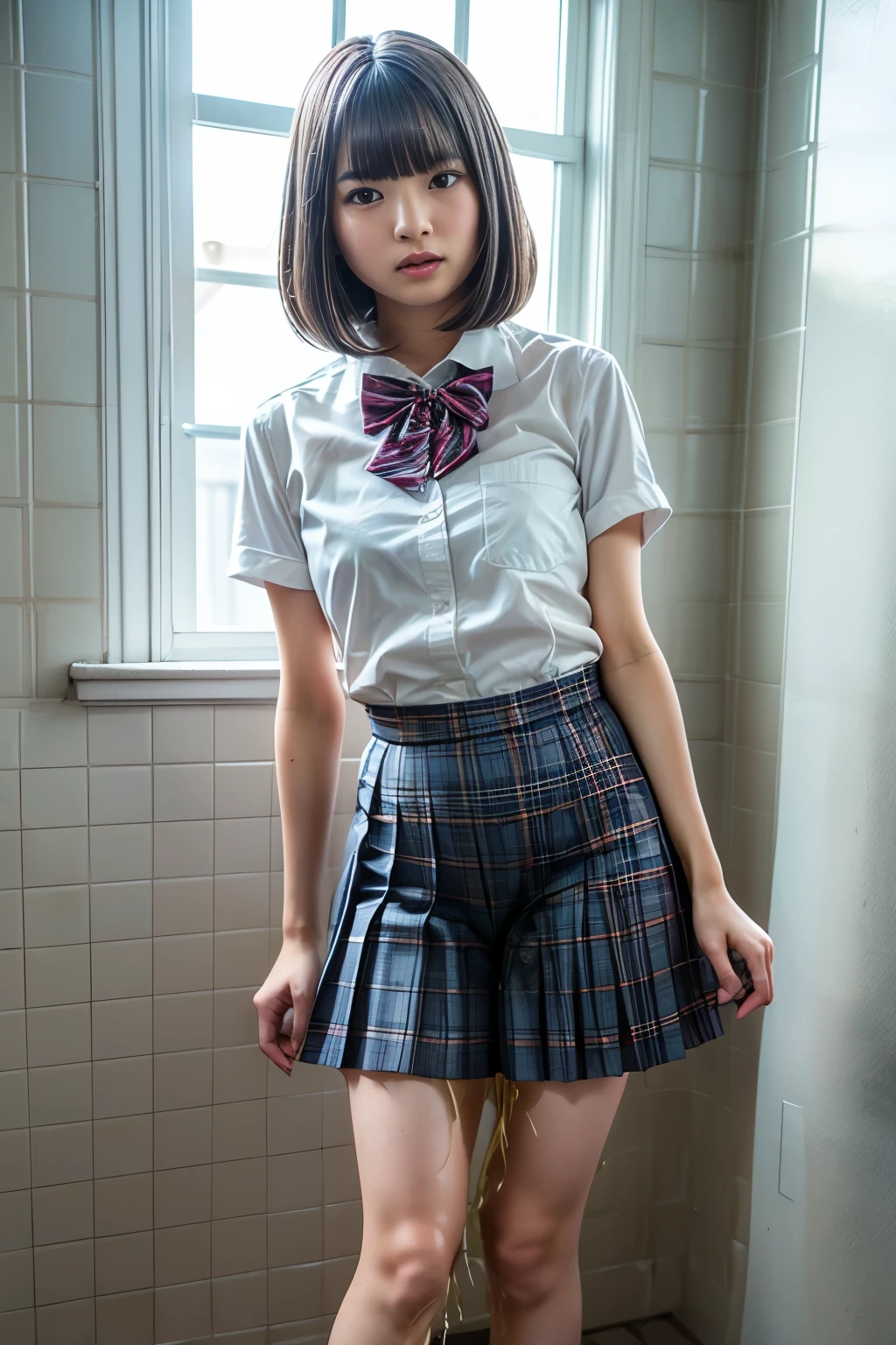 1girl, extremely cute face, Amazing face and eyes, (highly detailed eyes, highly detailed face), (hyper-realistic, hight resolution), (best Quality:1.4), Raw photo, (Realistic, Photorealsitic:1.37), Professional Photography, Cinematic Light, (E cup :1.3), (school uniform, pleated mini skirt:1.5), mini skirt, (skirt lift:1.5), (from below:1.5),(looking down, watching at Viewer:1.5),high detail skin,smile, shyexpression, Blushing,