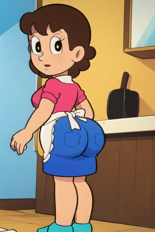 mamauedono,retro artstyle,1980s \(style\),female,shirt,skirt,apron,,angry, full body, big butt, full body, bubble butt, looking at viewer, angry, , dat ass, enormous ass, gigantic ass, bubble ass, bubble butt, shiny ass, oil ass, fat ass, thick, thick ass, big hips, thighhighs, thighs, hyper thighs, massive thighs, girly, thick thighs, solo, 1girl, looking at viewer,