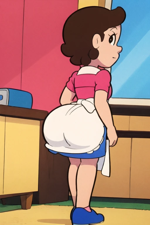 (Masterpiece), (best quality), looking away from viewer, (bottom view), anime, 1 female (long, lightbrown hair, untied, wearing a white sling bikini, with a white ribbon in hair) shiny skin, large breasts, large butt, vaginal pentrarion, bent over counter, home setting, anime girl, seductive anime girl, embarassed, shy, angry look, nsfw, vaginal sex, standing doggystyle, upskirt view, assisted exposure, lifted skirt, black skirt, butt focused, large thighs,cartoon style, sexy anime girl