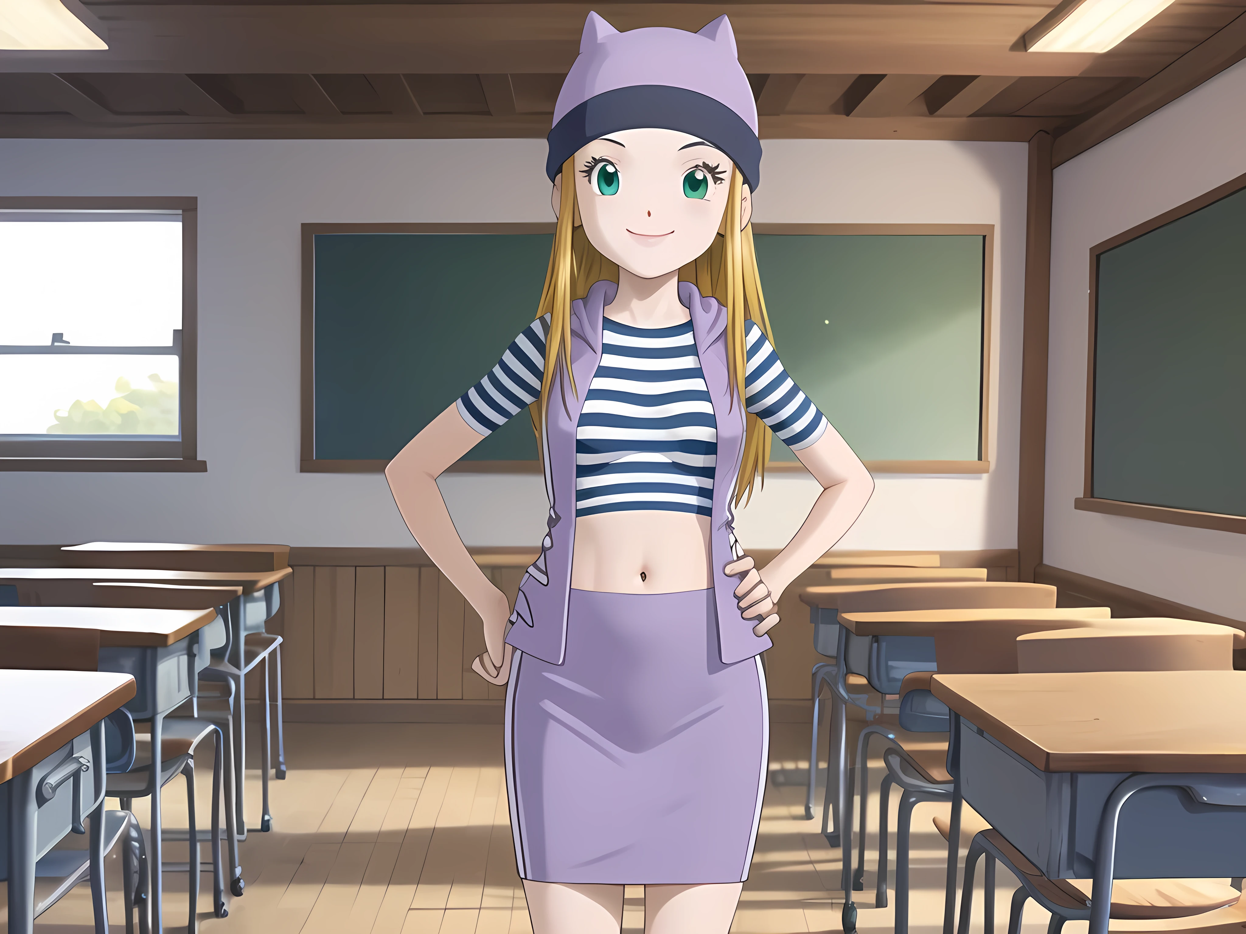 (masterpiece, best quality), 1girl, izumi Orimoto, indoors, classroom, green eyes, blonde hair, long hair, purple beanie, purple vest, purple miniskirt, blue white striped shirt, long purple socks, purple vest, striped shirt, navel shirt, medium size breast, hands on the hips, smiling, 