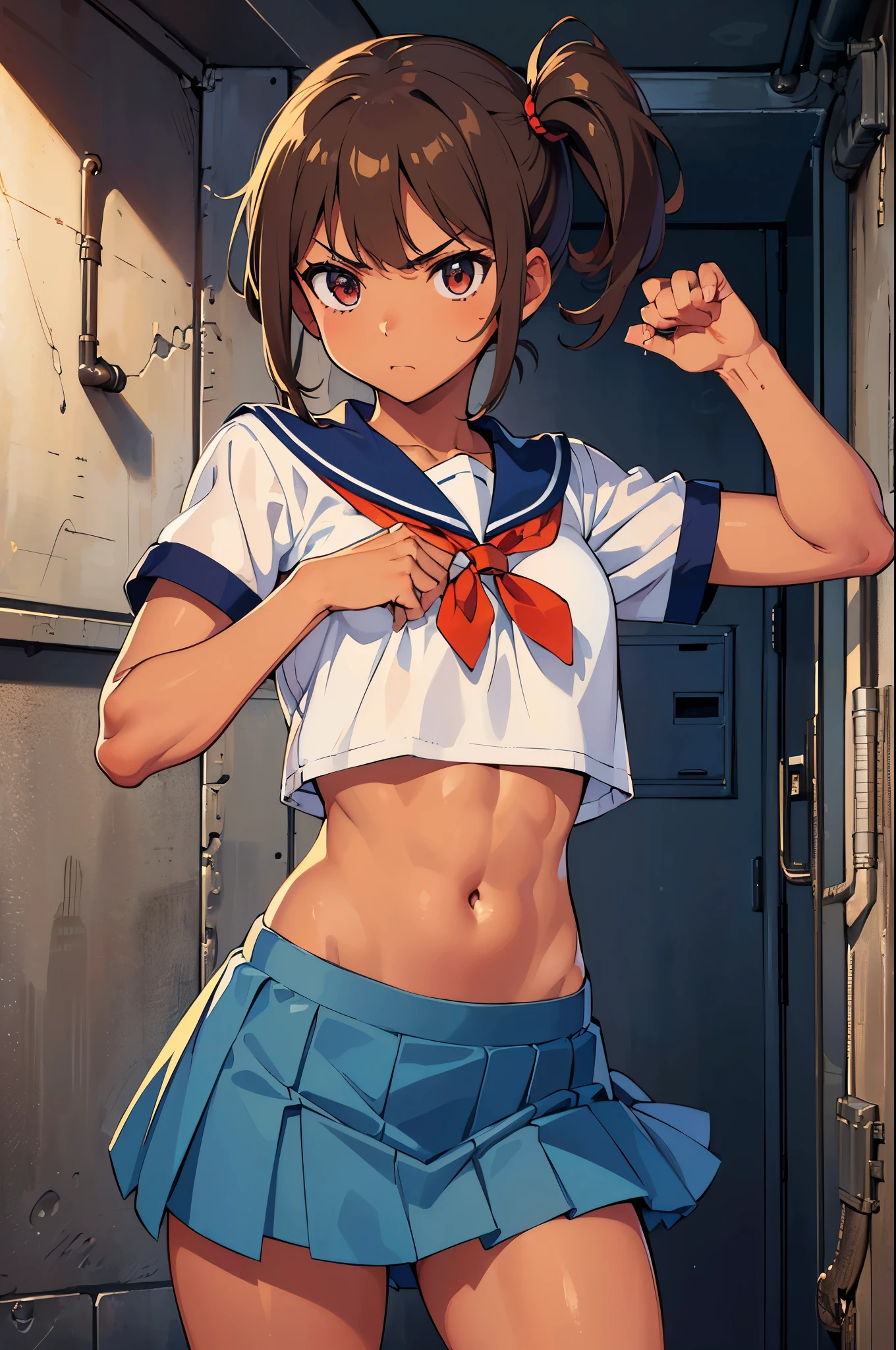 in daytime classroom, 1girl, solo, very short hair, grin, teeth, (brown skin:1.4), white sailor uniform tops, red tie, large breasts, navel, blue sports shorts, thigh,