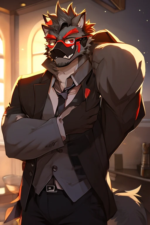 A Very Muscular Furry Gray Wolf. He is clothless. His both hand is Together behind his head. The background is solid Gray. He have a little messy and little spikey hair. He is looking at the viewer. His eye are red. He wears a black and red glasses. He is standing in the background. He is wearing a green face mask. He is blushing. He is smirking